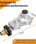 Two-stage propane regulator with POL soft-nose tank connection; silver metal body, brass outlet.
