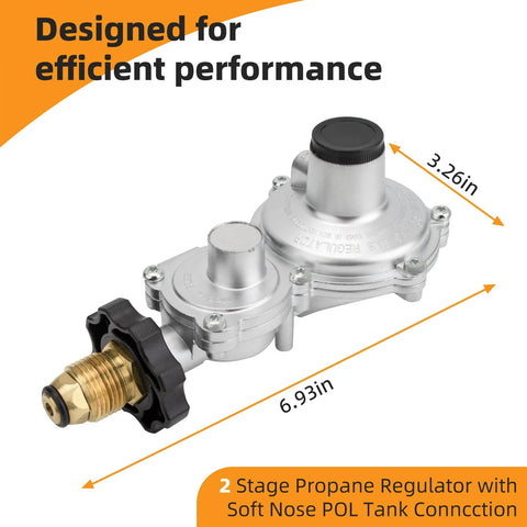 Two-stage propane regulator with POL soft-nose tank connection; silver metal body, brass outlet.