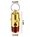 Front view of brass 1/4 in NPT air compressor pressure relief/check valve with red threaded section and hex nut