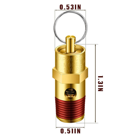 Front view of brass 1/4 in NPT air compressor pressure relief/check valve with red threaded section and hex nut