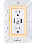 Six Outlet Wall Mount Extender With Three Sided Design And One USB C Fast Charger Paired With A Soft LED Night Light.