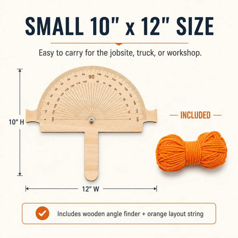 Jobsite Ready Wooden Angle Finder With Bright Orange String Line 12 By 10 Inch Birch Plywood Ruler layout gauge beside orange string