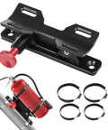 Quick Release Fire Extinguisher Mount Bracket For Jeep Wrangler TJ JK JL JKU And Universal UTV Roll Bar Aluminum Adjustable Holder For Polaris RZR Ranger Can Am X3 Off Road Ready showing black aluminum bracket, red knob, clamps, and installed fire extinguisher on roll bar.