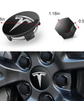 Tesla Wheel Center Caps Kit For Model 3 Y S X 4 Pcs Hub Cap Center Covers With 20 Lug Nut Covers And Removal Tool Matte Black Silver Logo ABS Waterproof Anti Rust Dustproof Slick Upgrade For 18 And 20 Inch Rims shown with measurements