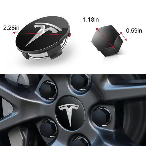 Tesla Wheel Center Caps Kit For Model 3 Y S X 4 Pcs Hub Cap Center Covers With 20 Lug Nut Covers And Removal Tool Matte Black Silver Logo ABS Waterproof Anti Rust Dustproof Slick Upgrade For 18 And 20 Inch Rims shown with measurements
