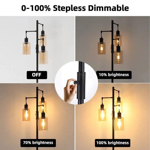 Dimmable 3-Light Oil Rubbed Bronze Farmhouse Floor Lamp With Amber Glass Shades showing dimming levels from 0% to 100%.