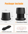 Kick Up Your Bedroom Sleeper Or Couch By 1.6 To 2.6 Inches With Smooth Stepless Thread Adjustment And Built Tough Non Slip Base Black Adjustable Furniture Risers Pack Of 4, showing dimensions and included items.