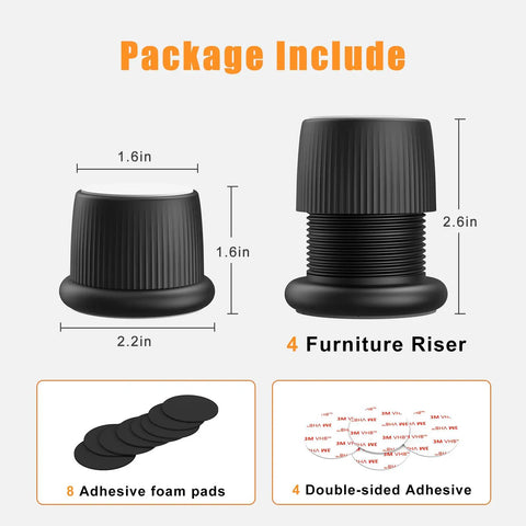 Kick Up Your Bedroom Sleeper Or Couch By 1.6 To 2.6 Inches With Smooth Stepless Thread Adjustment And Built Tough Non Slip Base Black Adjustable Furniture Risers Pack Of 4, showing dimensions and included items.