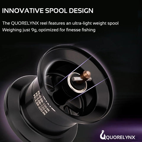 Close-up of QUORELYNX DC baitcasting reel spool, black finish with copper shaft, left-handed model