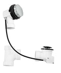 Heavy Duty Bathtub Drain Trim Kit Featuring Rotary Overflow Control Knob And Pop Up Stopper with twist actuator and white plumbing parts.
