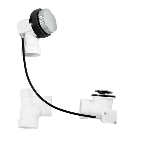 Heavy Duty Bathtub Drain Trim Kit Featuring Rotary Overflow Control Knob And Pop Up Stopper with twist actuator and white plumbing parts.