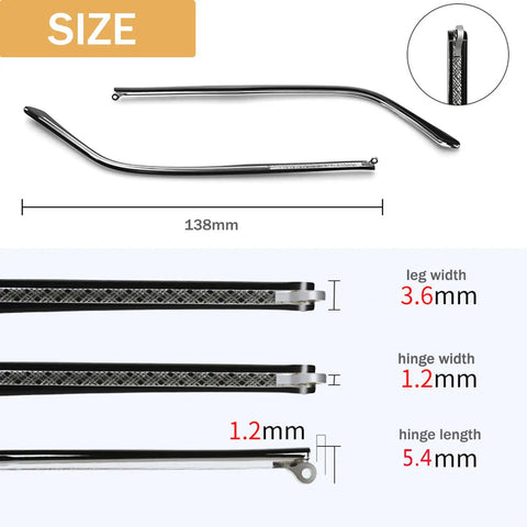 Universal Eyeglass Replacement Temples Black Glasses Arms Legs Complete Repair Set With Screwdriver And Screws No Sweat Quick Fix dimensions showing steel temple legs size 138mm with leg and hinge widths.