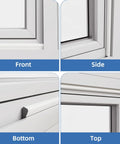 Kneelisa white wedge-shaped weather-stripping seal for door frame and window; four-view collage (front, side, bottom, top).