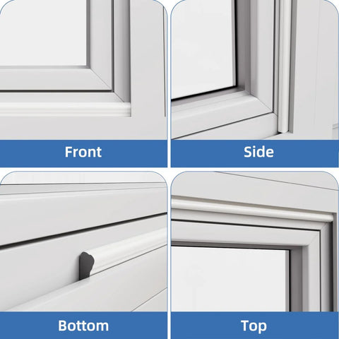 Kneelisa white wedge-shaped weather-stripping seal for door frame and window; four-view collage (front, side, bottom, top).