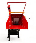 Front view of 8 Inch PTO Wood Chipper With Hydraulic Infeed Red Heavy Duty Yard Debris Chipping Machine For Fast Tree Limb Cleanup