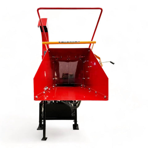 Front view of 8 Inch PTO Wood Chipper With Hydraulic Infeed Red Heavy Duty Yard Debris Chipping Machine For Fast Tree Limb Cleanup