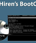 Hiren's BootCD 10.6 interface on screen with CD cover and disc, featuring boot options for Windows XP, diagnostics, and tools.