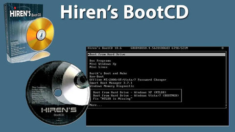 Hiren's BootCD 10.6 interface on screen with CD cover and disc, featuring boot options for Windows XP, diagnostics, and tools.