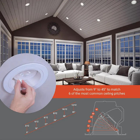 4 Inch Canless Recessed LED Downlight For Sloped Ceilings With Adjustable Tilt From 9 To 45 Degrees, Tunable Color Temperature 2700K To 5000K, Dimmable 900 Lumens, IC Rated, No Housing Required shown in living room setup.