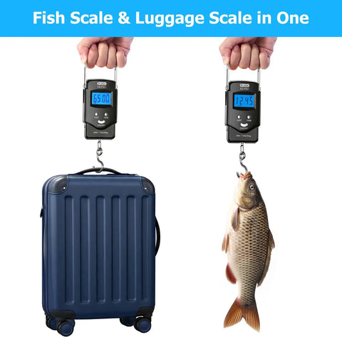 Pocket Size Fishing And Luggage Scale With Built In Tape And Backlit LCD Display 110 Lb 50 Kg Digital Weighing Scale with suitcase and fish