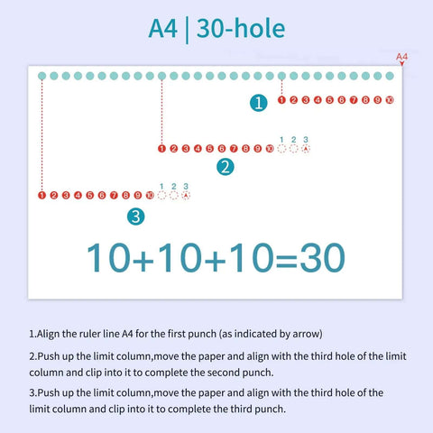 10 Hole Paper Punch Handheld Metal Puncher For A4 A5 B5 Notebooks And Scrapbooks 20 26 30 Hole Options instruction diagram