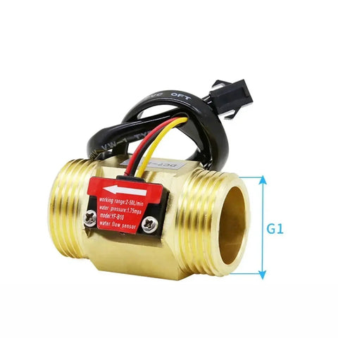 G1 Water Flow Hall Effect Sensor Switch And Flow Meter DN25 For Industrial Turbines DC 3.5 To 24V Wire Connection Yellow Housing High Accuracy Flow Monitoring For Liquid And Easy Mounting In Pipelines, yellow inline sensor