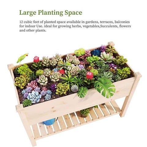 Outdoor Wood Raised Garden Bed With Elevated Planter Box And Storage Shelf, Spacious 48 Inch Long Garden Bed For Vegetables And Flowers