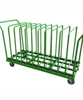 Heavy Duty Material Handling Cart And Industrial Storage Trolley For Sheet Metal with green frame and wide casters for easy transport.
