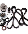 Premium Timing Belt Kit And Water Pump For VW Beetle Golf Jetta 1998 2004 Models 1.9L L4 SOHC Engine Replace Gearing System Smooth Run Do Not Break Down Uses Oem 038109244M Or 038109119M Good For Diy Mechanic Work Ready To Install Now timing belt kit with water pump, pulleys, seals, and belts on white background