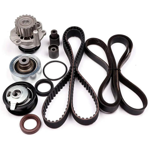 Premium Timing Belt Kit And Water Pump For VW Beetle Golf Jetta 1998 2004 Models 1.9L L4 SOHC Engine Replace Gearing System Smooth Run Do Not Break Down Uses Oem 038109244M Or 038109119M Good For Diy Mechanic Work Ready To Install Now timing belt kit with water pump, pulleys, seals, and belts on white background