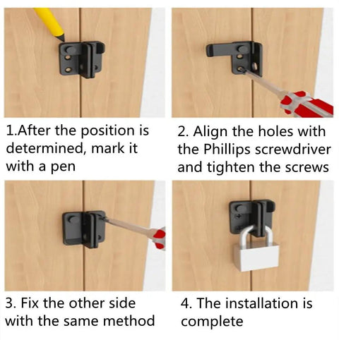 Installation steps for 2 Pack Heavy Duty Stainless Steel Flip Latches Lockable Bolt Latch For Pet Gate Cabinets Furniture Wardrobe and Windows Left Open Black Built Tough For Everyday Use Easy Install And Reliable Privacy Security.