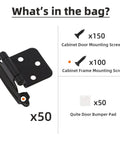 Illustration of Half Inch Overlay Matte Black Cabinet Hinges Self Closing for Bath and Kitchen Bulk Pack with screws and bumpers