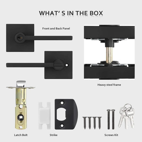 3 Pack Matte Black Door Levers With Lock And Key, Keyed Alike Interior Exterior Door Hardware, product components display