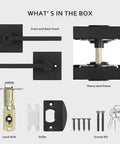 Components of Six Pack Keyed Alike Door Knobs With Lock And Key Matte Black Door Handles For Interior And Exterior Doors Modern Lever Entry Door Lock Set Durable Build Easy Install No Brainer Thumb Turn Privacy Lock displaying front and back panels, steel frame, latch bolt, strike, screws, and keys.