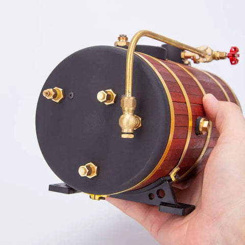 Copper Horizontal Steam Boiler with rosewood insulation, focusing on double combustion tube system, 850ml capacity for ship engines.