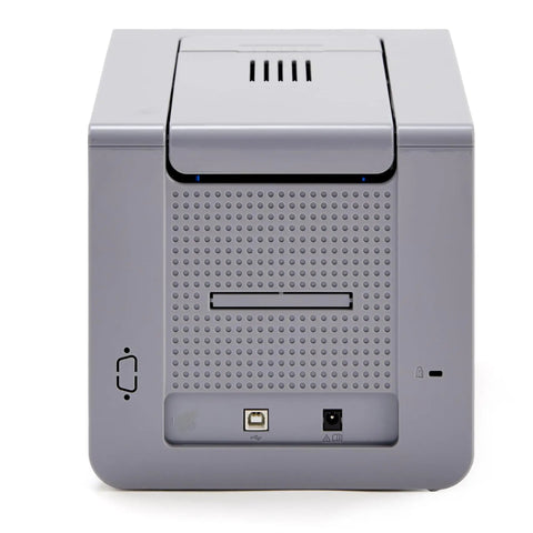 Single Sided Id Card Printer Boasting Quick Full Color Pvc Badge Printing With Smooth Lcd Touchscreen Navigation No Sweat Desktop Layout For Small Teams Crushing Daily Pass Creation Goals, back view showing ports.