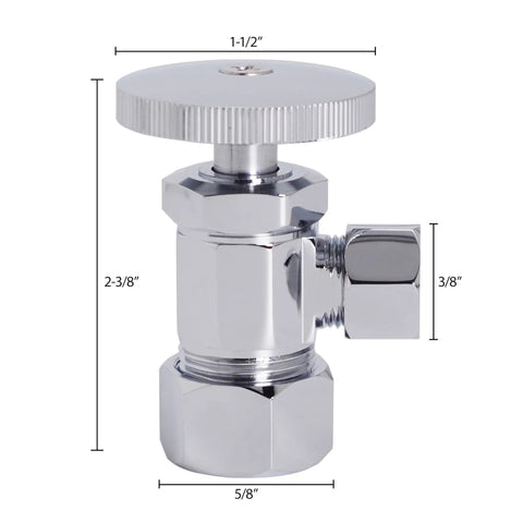 Metallic one quarter turn angle stop valve for Matte Black Corrugated Riser Supply Line Kit, dimensions labeled, for faucet and toilet use.