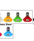 Front view of pressure washer nozzle tips set, 0° color-coded with 1/4 inch quick-connect couplers.