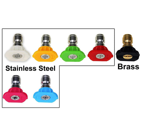 Front view of pressure washer nozzle tips set, 0° color-coded with 1/4 inch quick-connect couplers.