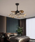 Modern Ceiling Fan Light With Glass Shades And Forty Two Decorative Heads Casting A Firefly Glow For Spaces That Totally Vibe With Tricolor High Brightness Led Lighting That Hits Different in a cozy bedroom setting.