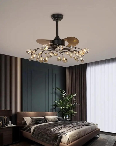 Top-Shelf Modern Firefly Ceiling Fan Light With Glass Shades Delivers High Brightness Tricolor Glow For Living Room above a stylish bed.