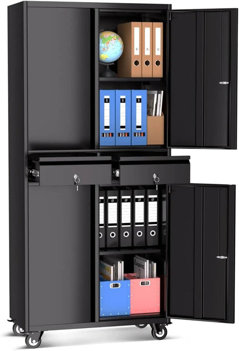 Front view of Beefy Heavy Duty Metal Garage Storage Cabinet On Wheels With Locking Doors, Two Drawers, and Three Adjustable Shelves