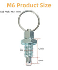 Six Pack Carbon Steel Pull Ring Indexing Plungers M6 Quick Release Pins with spring-loaded mechanism, dimensions labeled.
