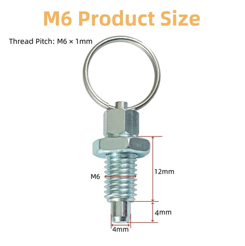 Six Pack Carbon Steel Pull Ring Indexing Plungers M6 Quick Release Pins with spring-loaded mechanism, dimensions labeled.