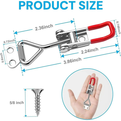 Dimensions and scale of Six Pack Toggle Latch Clamp Set With Adjustable Quick Release Pull Handles shown in a hand
