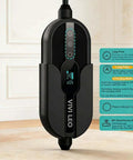 Portable EV Charger 30 Amps Level 1 And Level 2 With Wifi Smart App showing power indicator and settings, sleek design.
