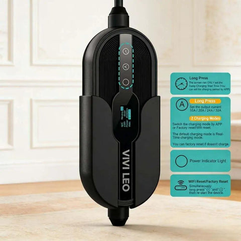 Portable EV Charger 30 Amps Level 1 And Level 2 With Wifi Smart App showing power indicator and settings, sleek design.