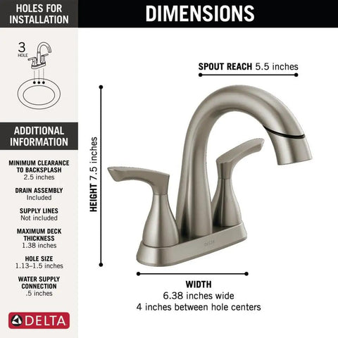 Broadmoor Centerset Brushed Nickel Bathroom Faucet With Pull Down Sprayer dimensions and installation details