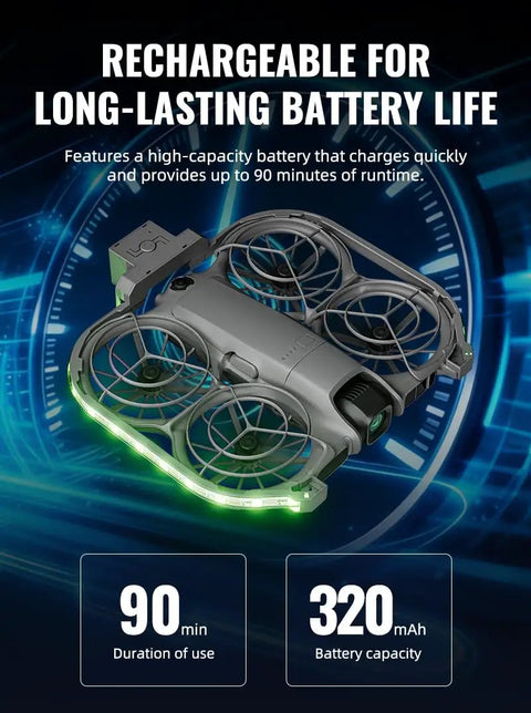 Neo2 Halo LED Light Strip For DJI Neo 2 Drone With RGB Night Lighting, visible drone and USB charging cable, battery capacity shown