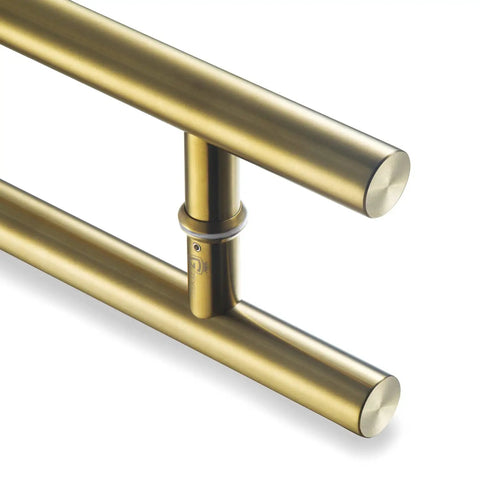 24 Inch Solid Standoffs Built Tough Commercial Grade 304 Stainless Steel Push Pull Door Handle Satin Gold Finish For Barn Doors Glass Pulls Easy Mounting And Long Lasting Performance For Pro Installations. 24-inch satin gold 304 stainless steel push-pull door handle close-up